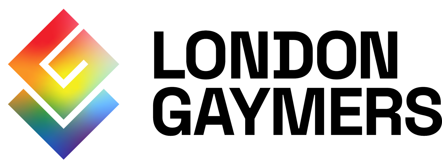 London Gaymers logo featuring a stylised LG logo with colours of the rainbow flag